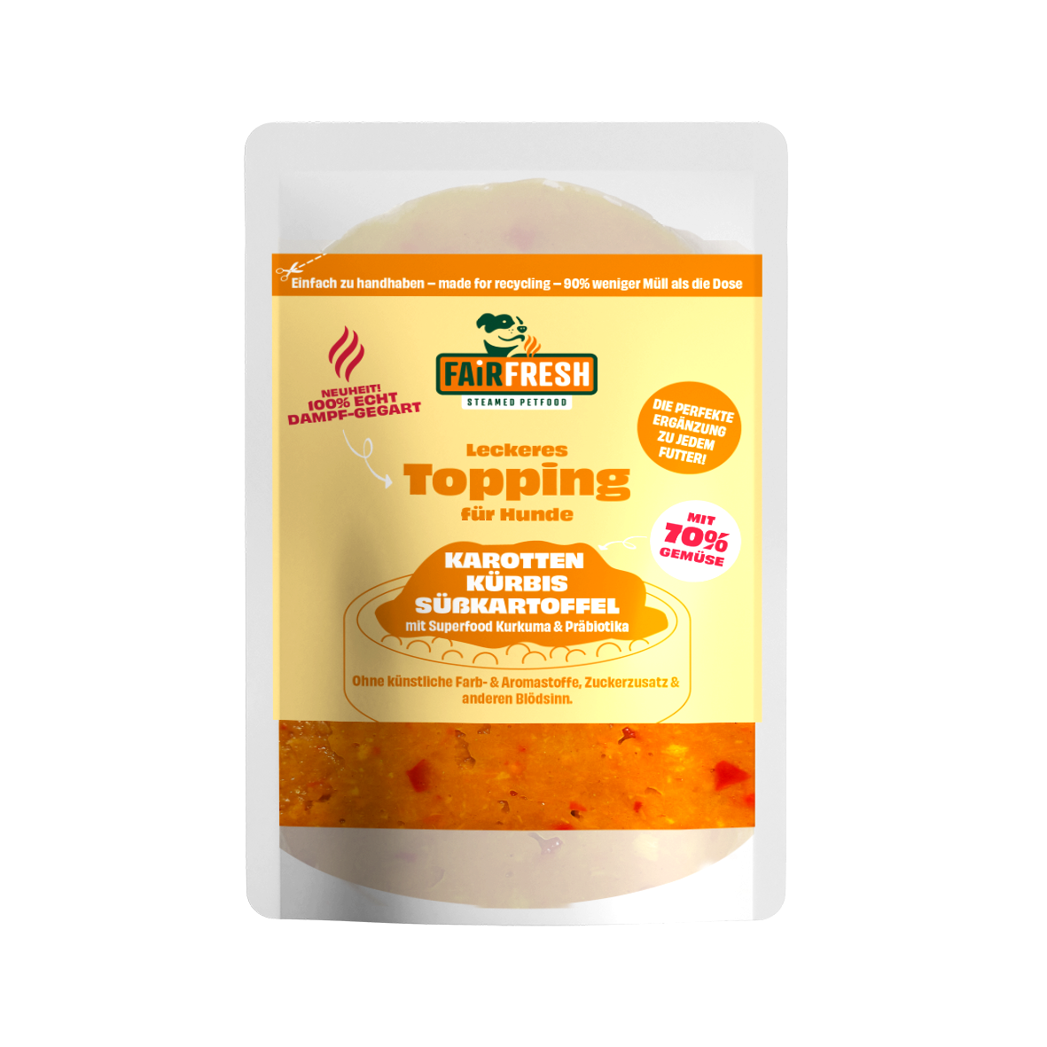 Topping für Hunde - Karotten, Kürbis, Süsskartoffel (feine Stücke in eigenem Sud)