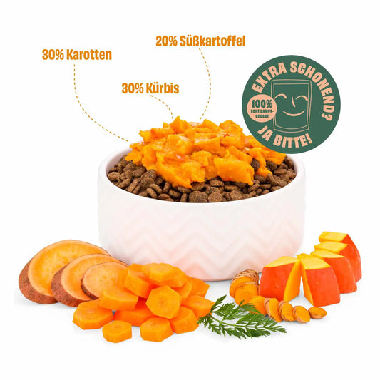 Topping für Hunde - Karotten, Kürbis, Süsskartoffel (feine Stücke in eigenem Sud)
