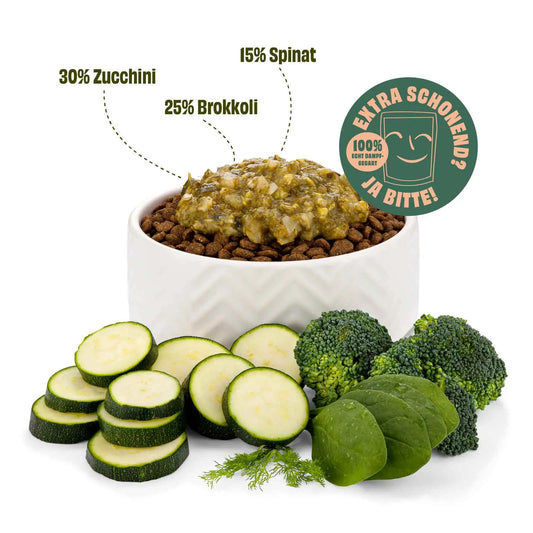 Topping für Hunde - Zucchini, Brokoli, Spinat (feine Stücke in eigenem Sud)