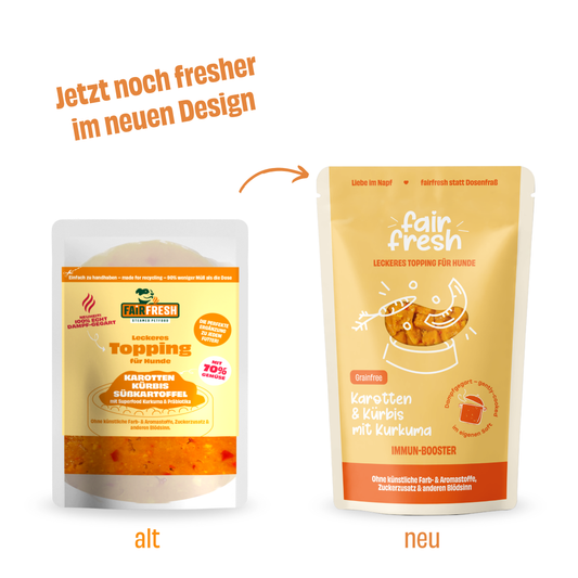 Topping für Hunde - Karotten, Kürbis, Süsskartoffel (feine Stücke in eigenem Sud)