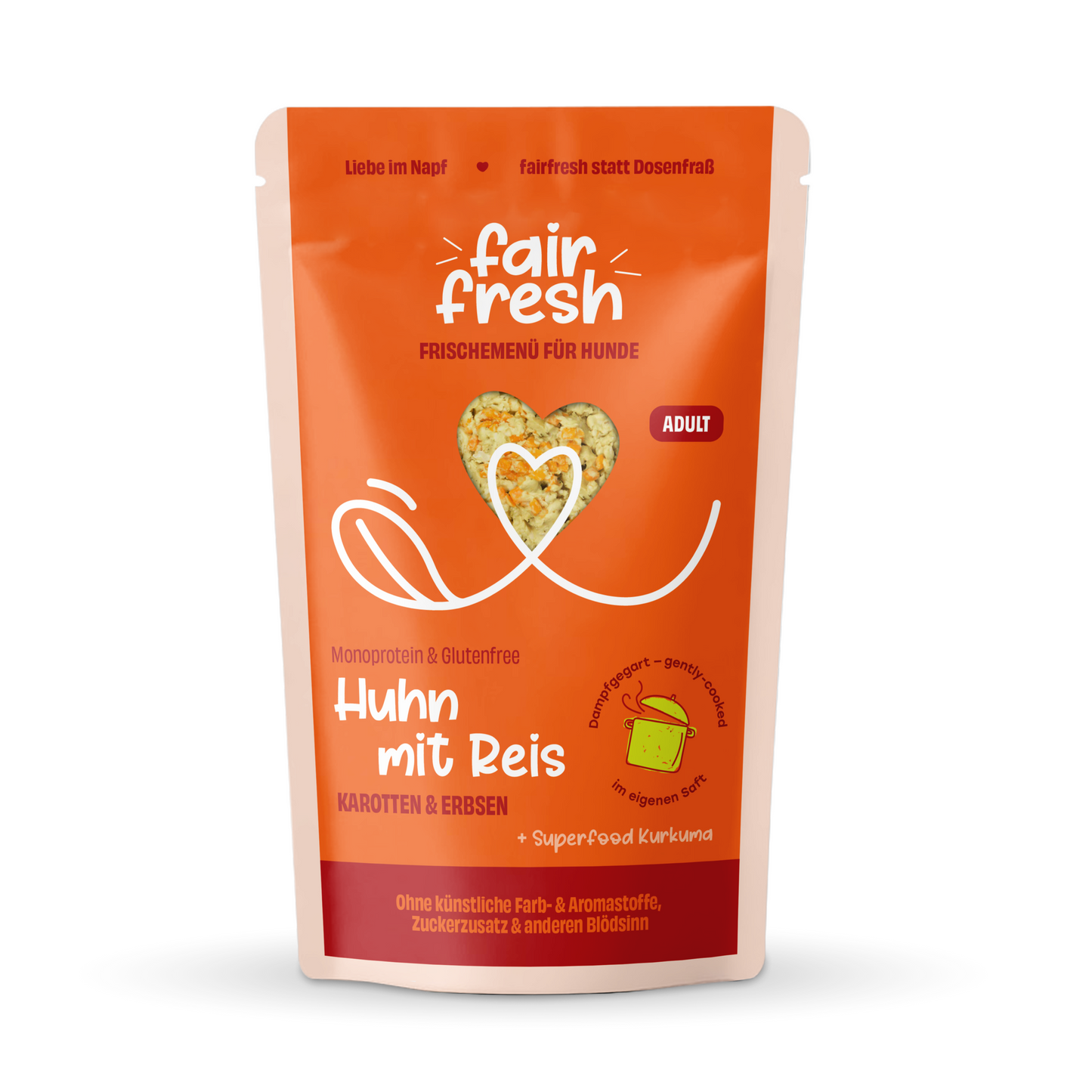 Huhn mit Reis, Karotten und Erbsen