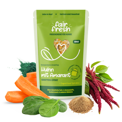 Huhn mit Amaranth, Karotten und Spinat