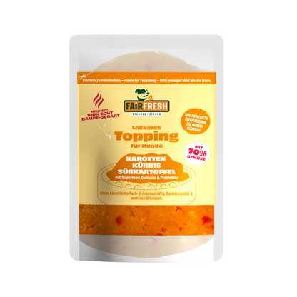 Topping für Hunde - Karotten, Kürbis, Süsskartoffel (feine Stücke in eigenem Sud)