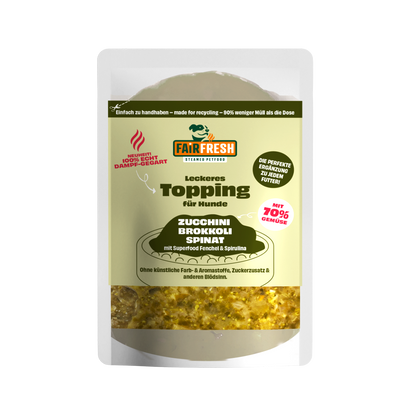 Topping für Hunde - Zucchini, Brokoli, Spinat (feine Stücke in eigenem Sud)