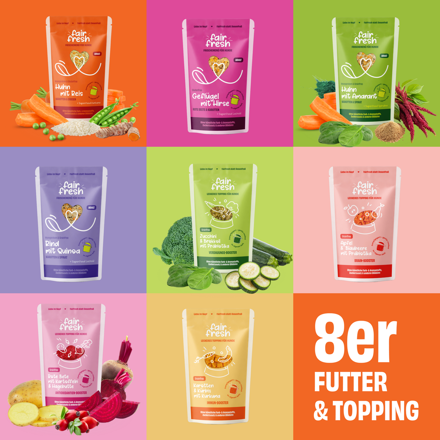 Probierpaket Futter + Toppings (jede Sorte einmal)