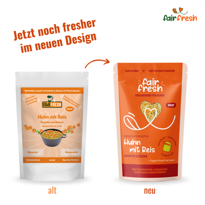 Huhn mit Reis, Karotten und Erbsen