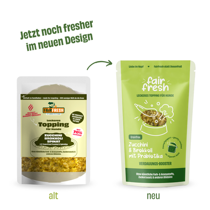Topping für Hunde - Zucchini, Brokoli, Spinat (feine Stücke in eigenem Sud)