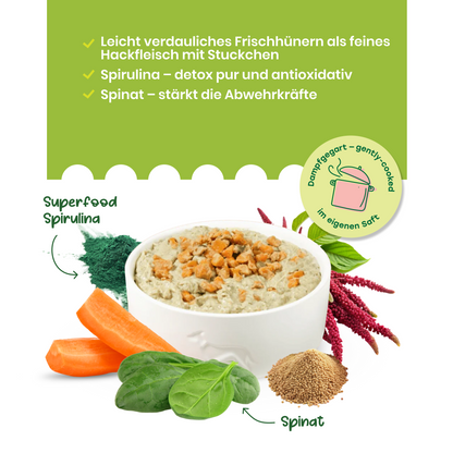 Huhn mit Amaranth, Karotten und Spinat