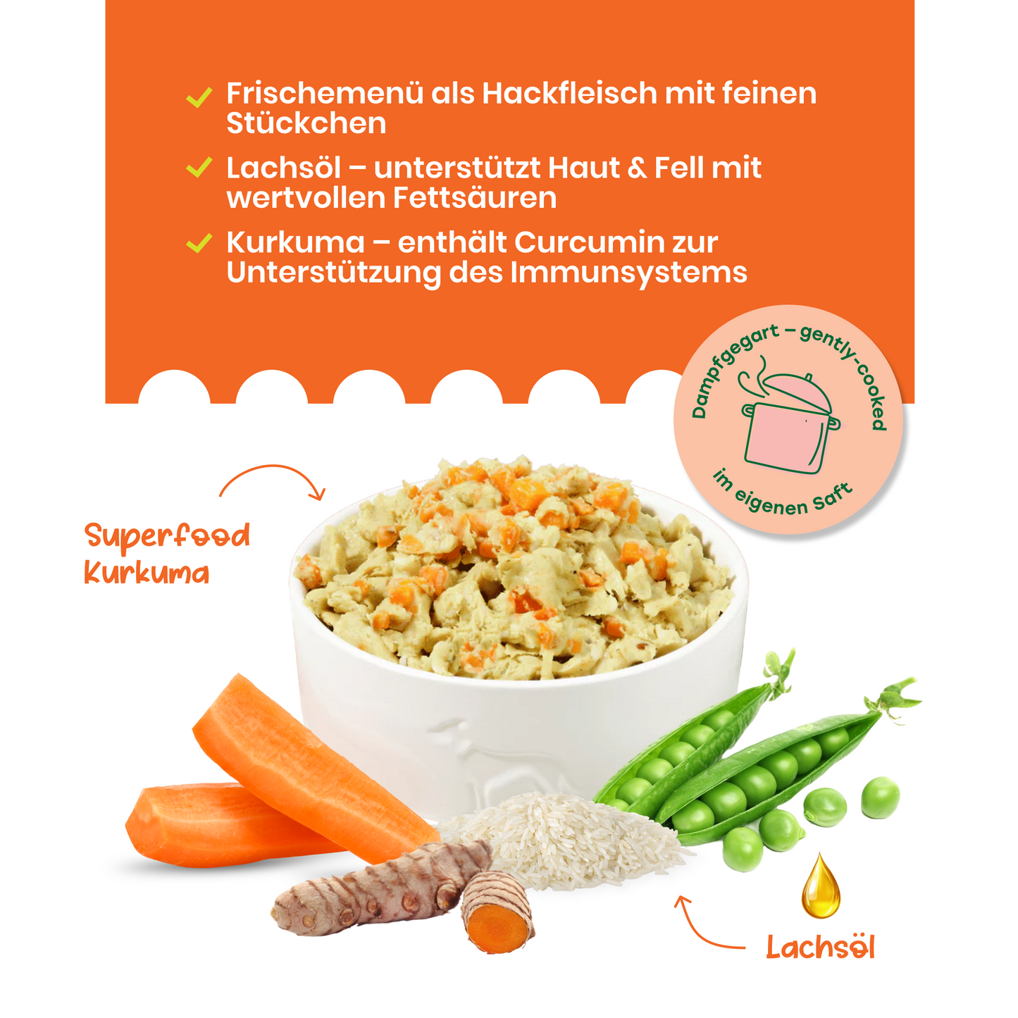 Huhn mit Reis, Karotten und Erbsen