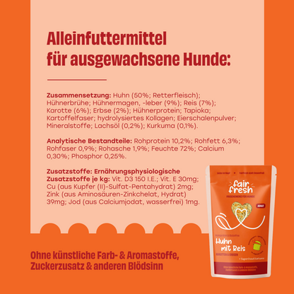 Huhn mit Reis, Karotten und Erbsen