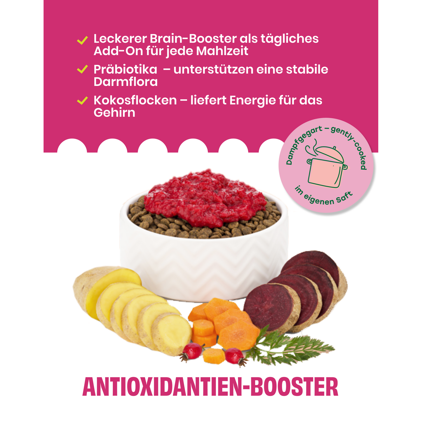 Topping mit Roter Beete, Kartoffeln und Hagebutte